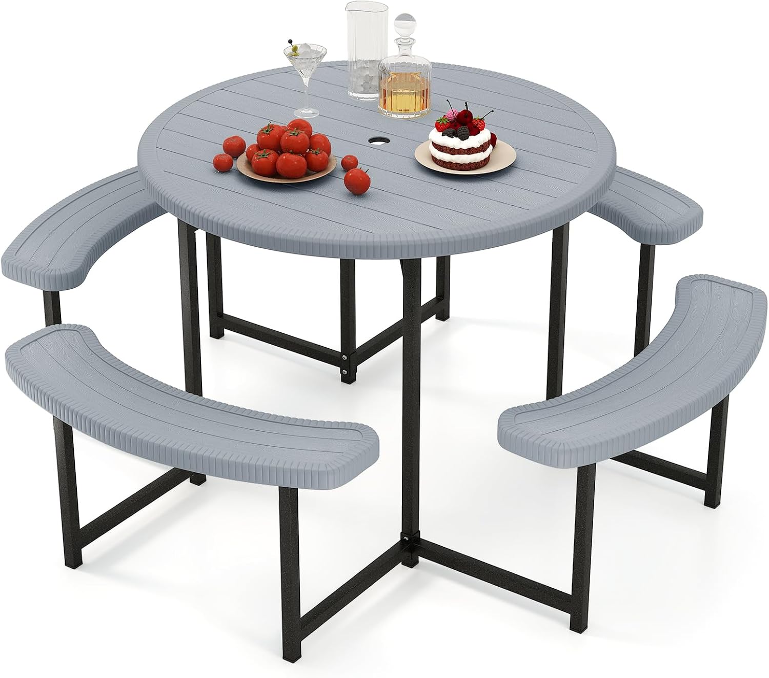 Giantex Picnic Table Bench Set for 4-8 Person, Round 37' Outdoor Dining Table w/Umbrella Hole, HDPE Tabletop, Metal Frame, Patio Furniture Set for Backyard Porch Lawn, 1400lb Capacity (Gray,Round)