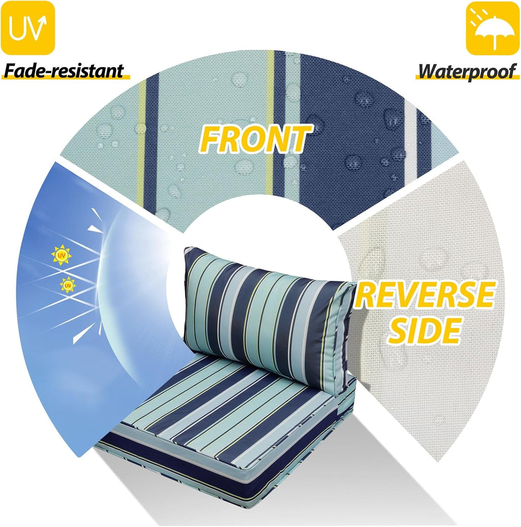 AAAAAcessories Outdoor Seat Cushions for Chairs, Fade-Resistant, Waterproof Patio Furniture Replacement Cushions, 24' x 24' x 5' + 24' x 13.5', Set of 4, Ash Teal Seaside Stripe