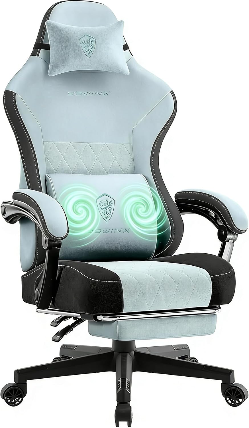 Dowinx Gaming Chair, Breathable Fabric Computer Chair with Pocket Spring Cushion, Ergonomic Massage Gamer Chair with Lumbar Support and Footrest, Height Adjustable Office Game Chairs for Adults, Aqua