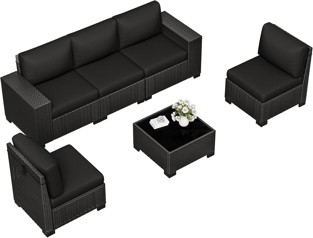 6 Piece Patio Furniture Set, Outdoor Furniture with Thick Cushions, Black Wicker Conversation Set Sectional Sofa for Backyard, Poolside, Garden and Lawn (Black, 6 pcs w/Table)