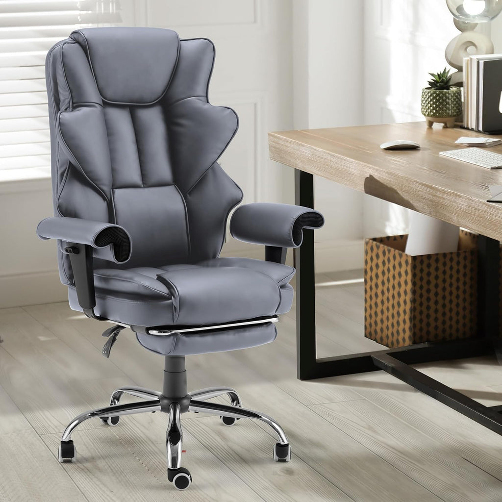 HOMREST 6-Point Massage Executive Chair,Heat Office Chair,Ergonomic Home Office Desk Chairs with Retractable Footrest and Reclining Function,Leather Computer Chair with Adjustable Armrest(‌Grey)