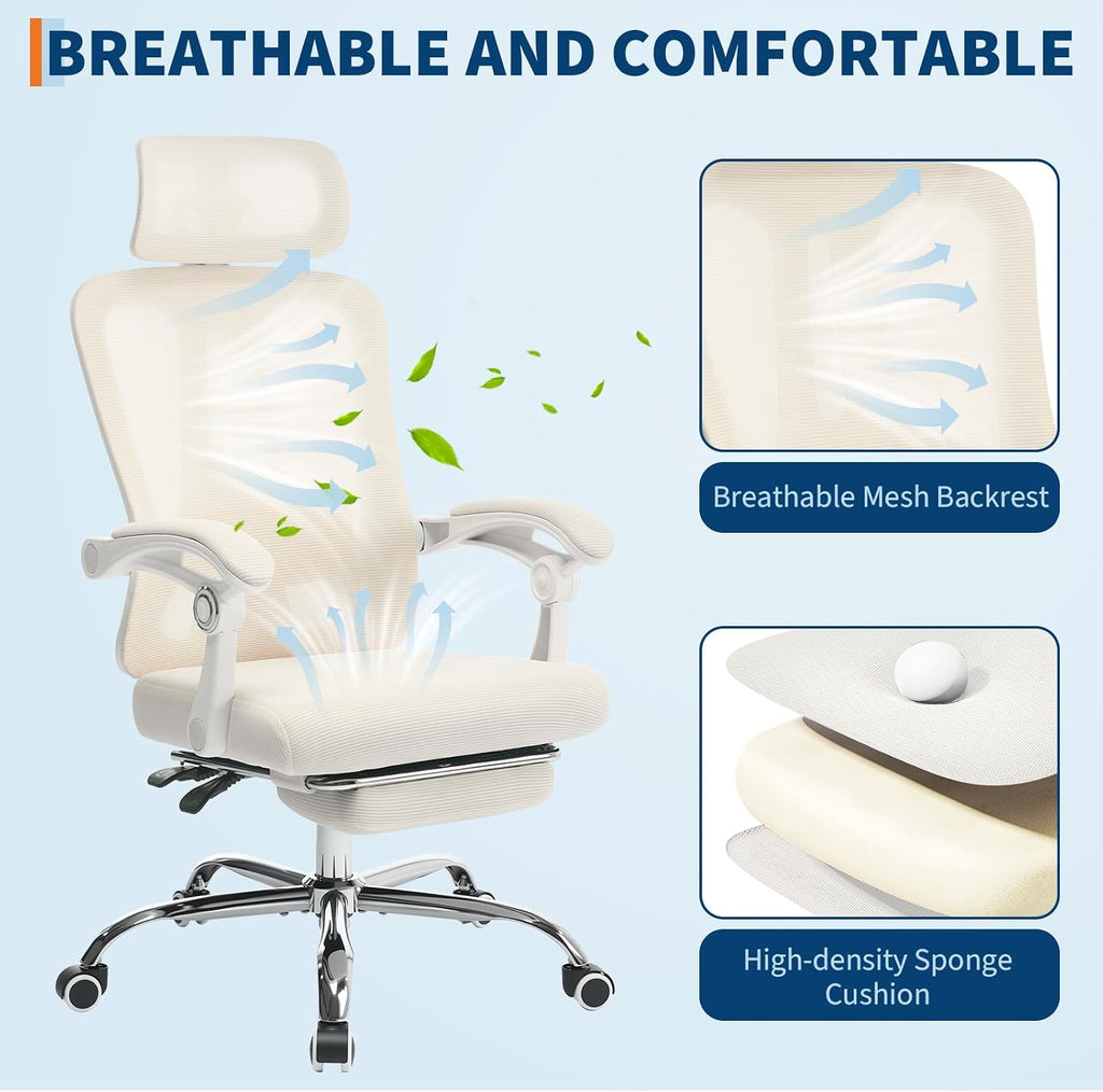 GarveeHome High Back Ergonomic Office Chair with Mesh Back, Retractable Footrest, Adjustable Headrest & Lumbar Support – Wide Computer Desk Chair with Wheels for Home Office or Bedroom, Beige