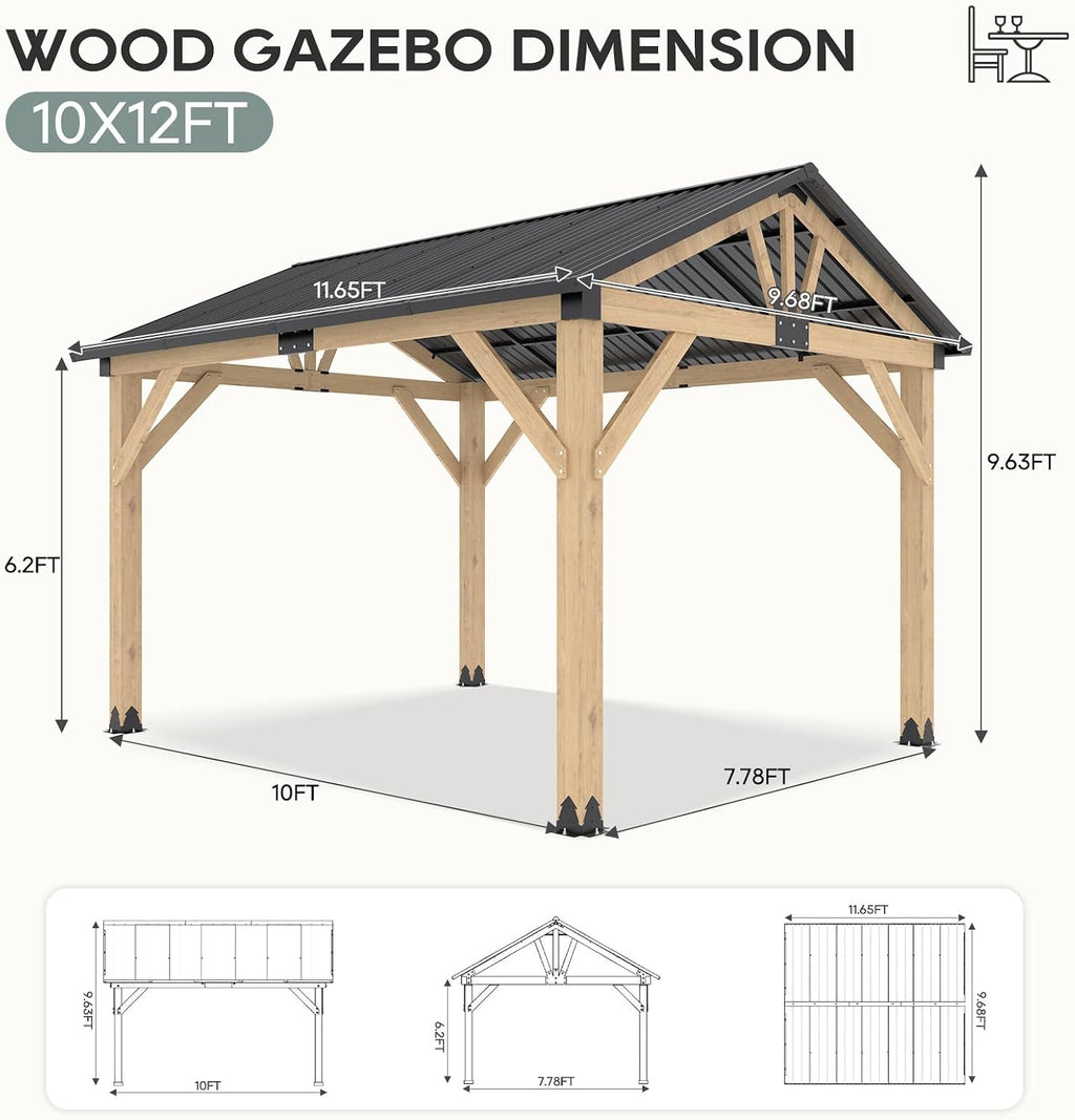 10'x12' Outdoor Patio Wooden Gazebo - Cedar Solid Wood Gazebo with Galvanized Steel Roof, Wooden Frame, Pavilion for Lawns, Beach, Patio, Garden(10X12FT)
