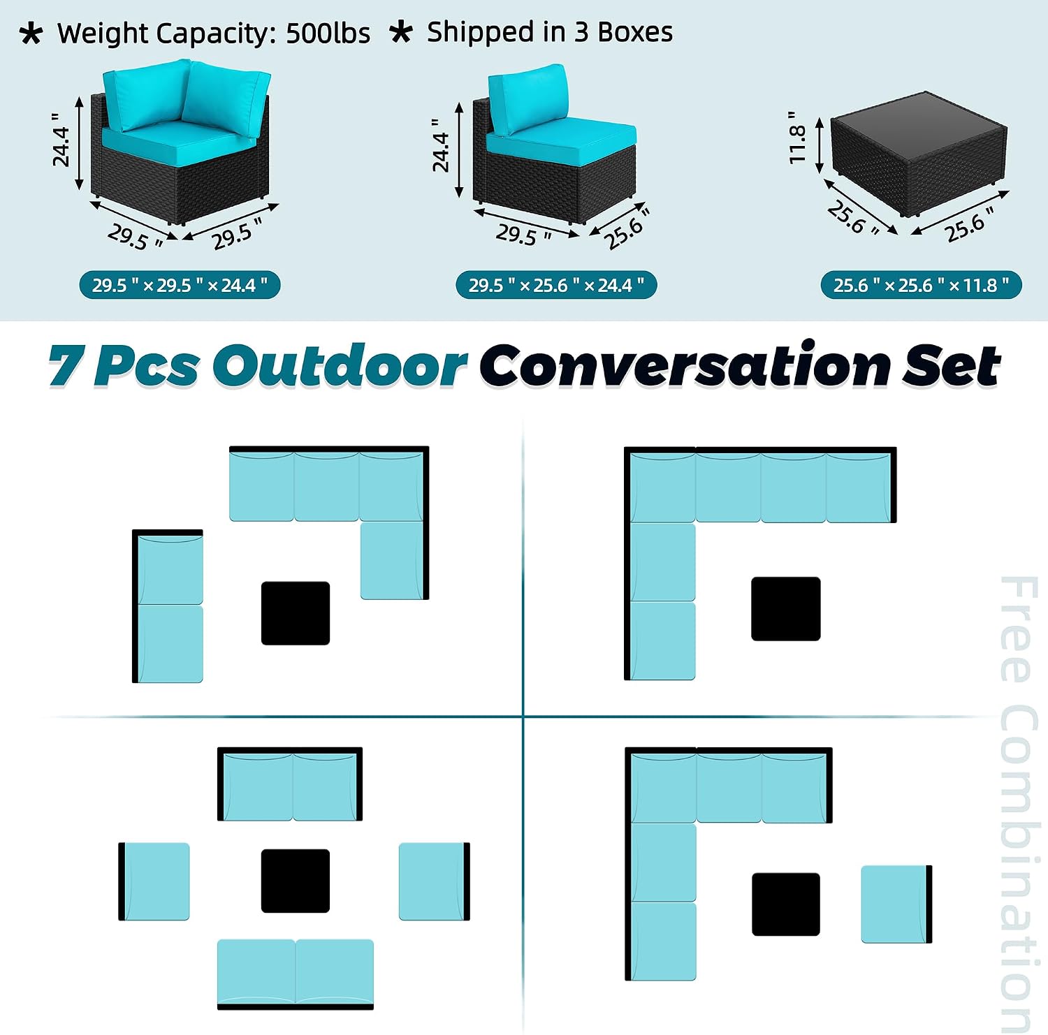 SUNLEI 7pcs Patio Conversation Sets Outdoor Furniture Sets, High Back All-Weather Rattan Sectional Sofa with Tea Table&Washable Couch Cushions(Black Rattan)（Blue）
