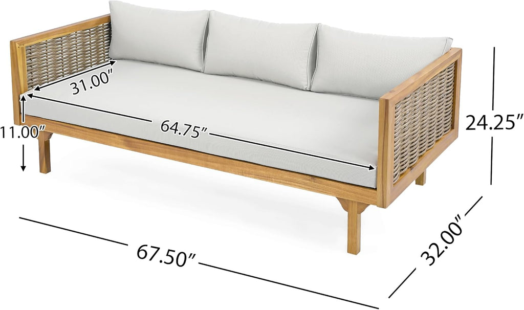 Christopher Knight Home Claremont Patio Sofa and Coffee Table Set, 2 Piece Wicker Patio Furniture Set, Acacia Wood 3 Seater Outdoor Sofa Daybed and Coffee Table Set, Teak+Light Grey
