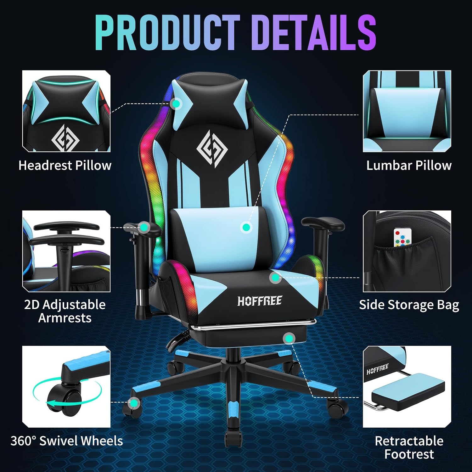 HOFFREE RGB LED Gaming Chair for Kids Reclining Gaming Chairs for Teens 8-15 Computer Chair with RGB Lights Kids PC Game Chair with Footrest and Lumbar Support Video Game Chairs Blue and Black
