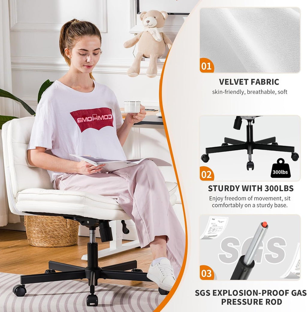COMHOMA Cross Legged Office Chair with Wheels Armless-Office Desk Chair, Modern Vanity Computer Task Chairs for Home Bedroom, Comfortable Wide Seat for Lower Back Pain Relief, Soft Velvet, Beige