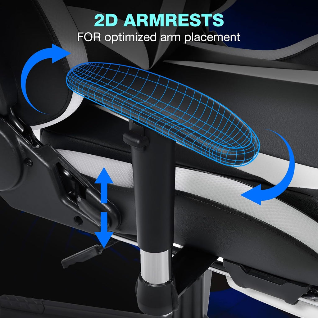 HOFFREE Gaming Chair with Bluetooth Speakers and Led Lights Massage Video Game Chair with Footrest Reclining High Back Computer Gamer Chair White and Black