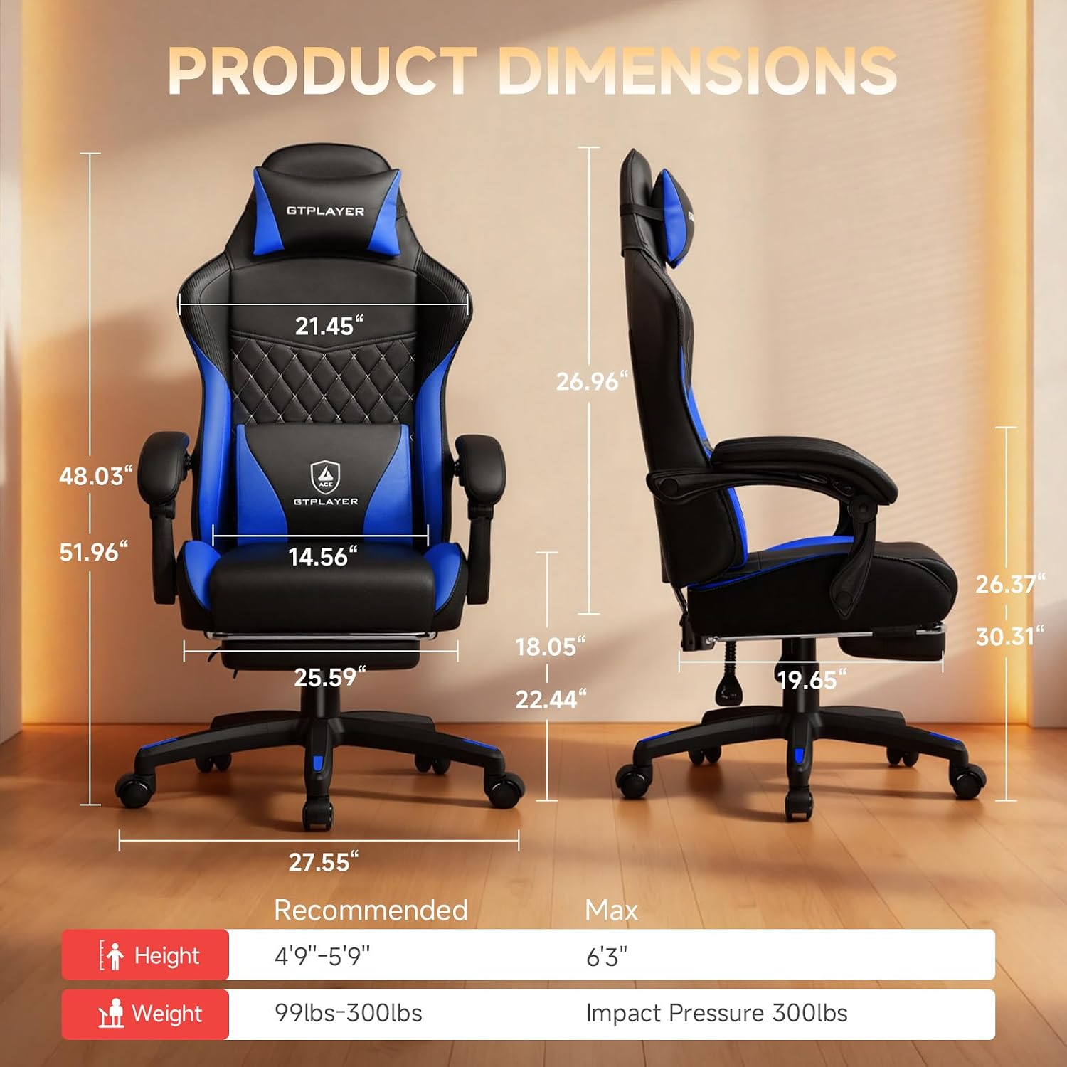 GTPLAYER Gaming Chair, High Back Leather Computer Gaming Chair with Footrest, Ergonomic Height Adjustable Office Chair with Removable Cover and Lumbar Support for Gaming and Work (Blue)