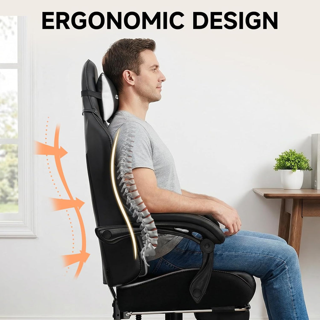 GTPLAYER Gaming Chair, High Back Leather Computer Game Chair with Footrest, Ergonomic Height Adjustable Office Chair with Removable Cover and Lumbar Support for Gaming and Work (WT,with Leather Cover)
