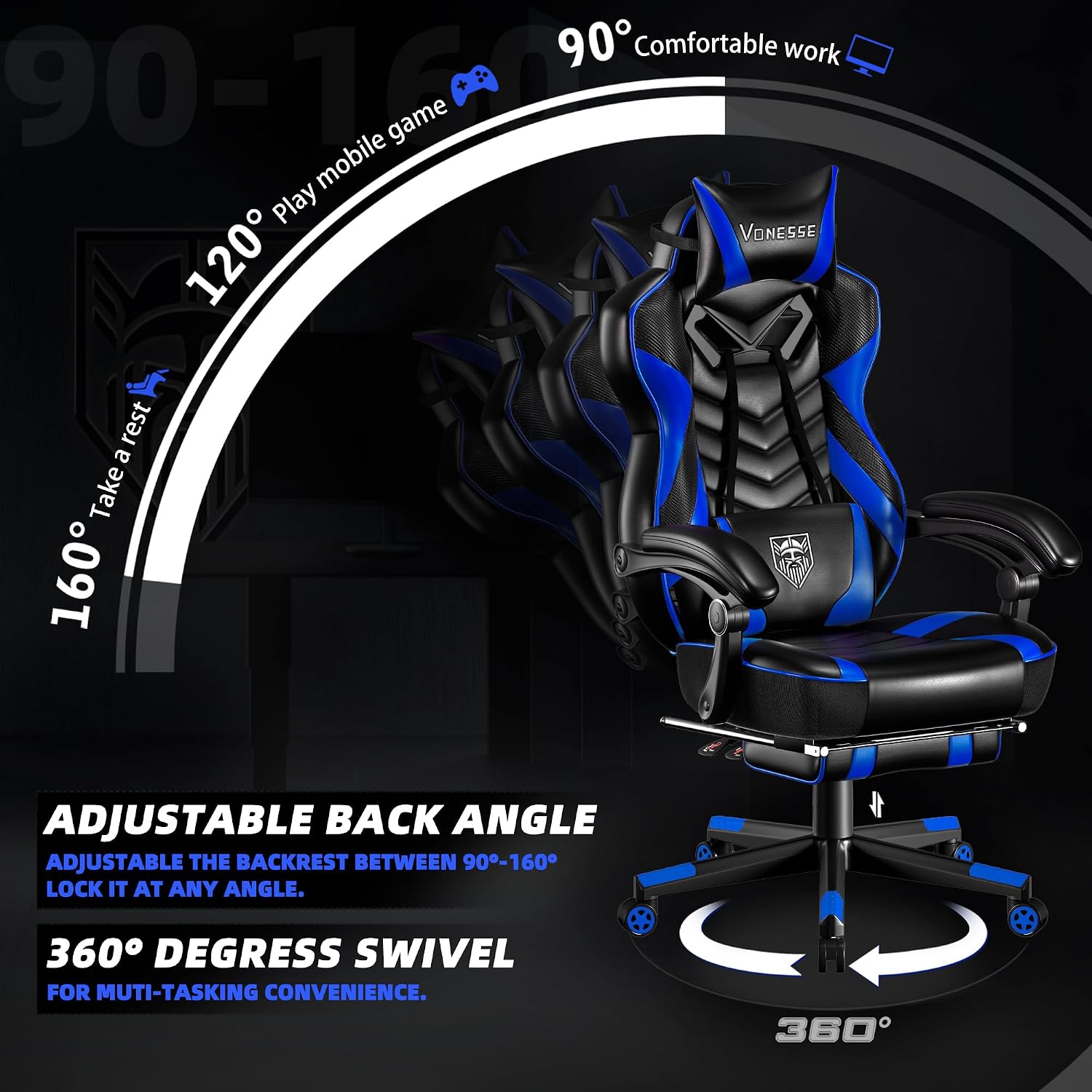 Vonesse Gaming Chair, Big and Tall Gaming Chair with Footrest and Massage, Gaming Chairs for Adults with Lumbar Support, Ergonomic High Back Computer Chair with Pocket Spring Cushion (Black/Blue)