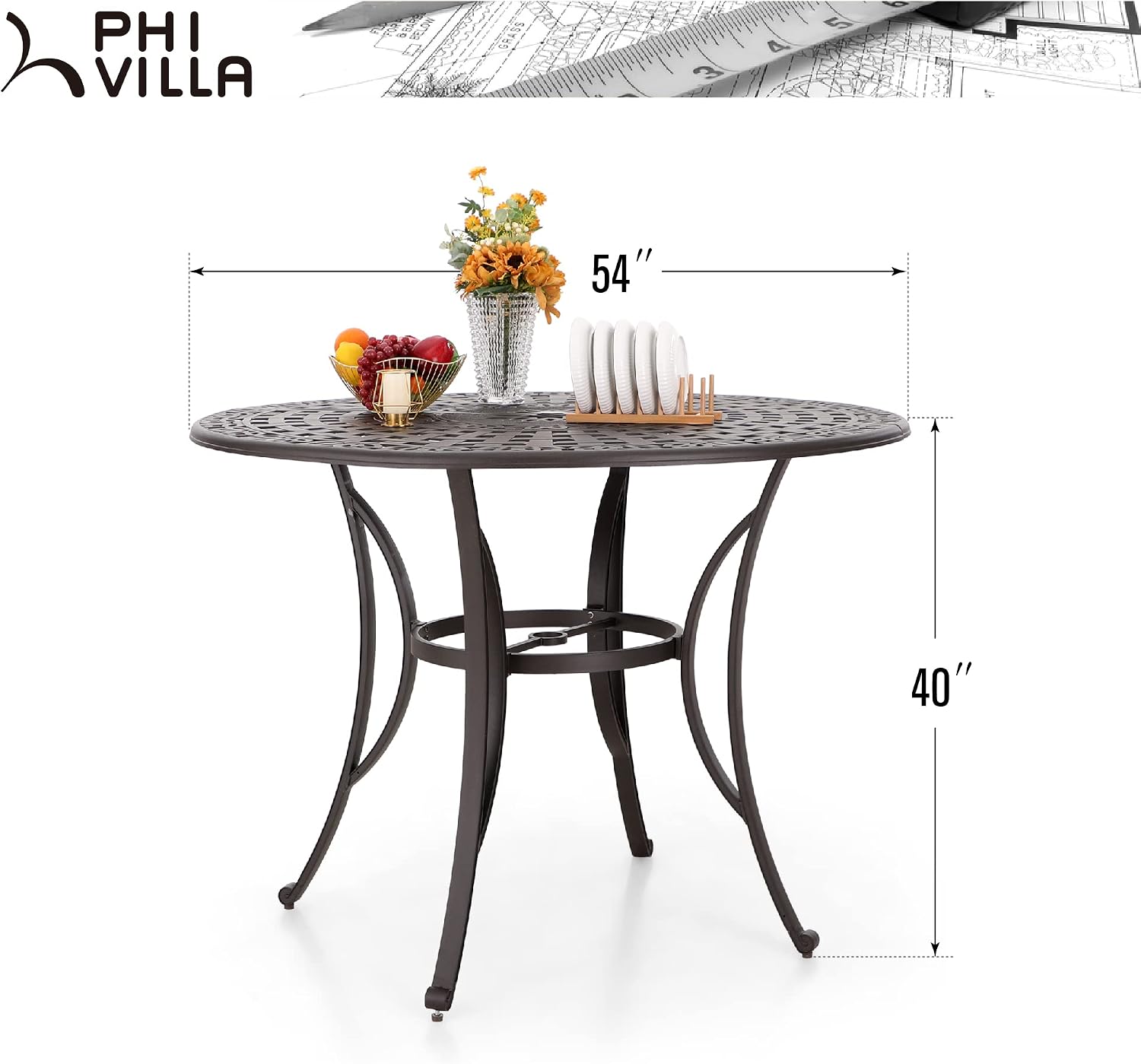 PHI VILLA Cast Aluminum Round High Bar Dining Tables for 6 Person, 54' Dia Engraved Cast-Top Aluminum Table with 2.1' Umbrella Hole, Patio Bar Height Table for Lawn Garden