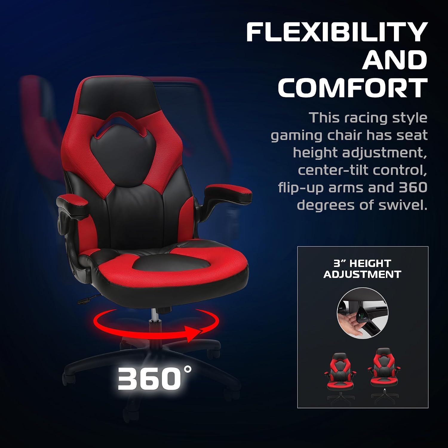 RESPAWN 3085 Ergonomic Gaming Chair for Adults, High Back Office Chair with Headrest and Flip Up Arms, Leather Racing Style Gaming Seat with Lumbar Support, Video Game Computer Desk Seat - Red