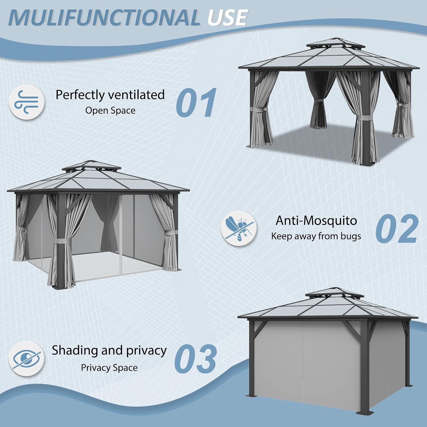 Aoxun 12'x12' Hardtop Gazebo,Permanent Aluminum-Framed Pavilion with Curtains & Mesh Screens, Featuring a Double-Layered Polycarbonate Roof, Ideal for Patios, Lawns, & Gardens, Gray