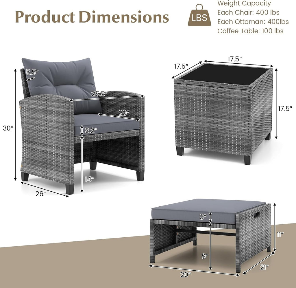 KOTEK 5 Pieces Patio Furniture Set with Ottomans, Wicker Patio Conversation Set with Coffee Table & Cushions, PE Rattan Outdoor Lounge Chairs for Backyard, Porch, Poolside (Mix Grey- Grey)