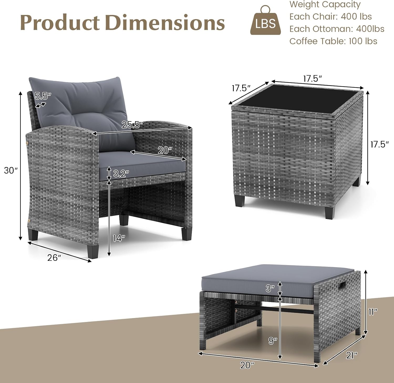 KOTEK 5 Pieces Patio Furniture Set with Ottomans, Wicker Patio Conversation Set with Coffee Table & Cushions, PE Rattan Outdoor Lounge Chairs for Backyard, Porch, Poolside (Mix Grey- Grey)
