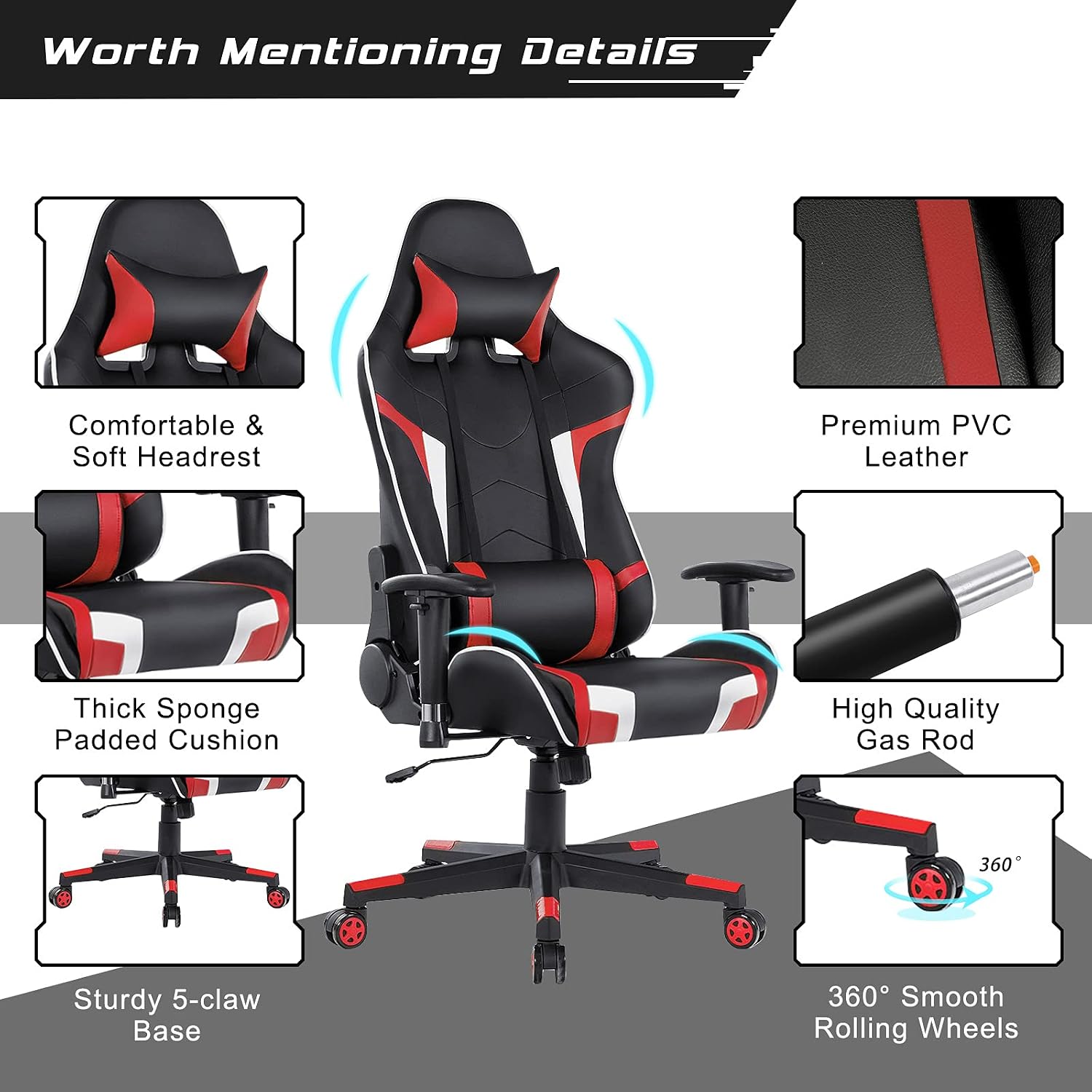 GYMAX Gaming Chair, Massage Gaming Chairs for Adults with Headrest, Lumbar Support & Armrest, Video Computer Reclining Gaming Chair, Office Desk Gamer Task Chair (Red with Black X-Shape Desk)