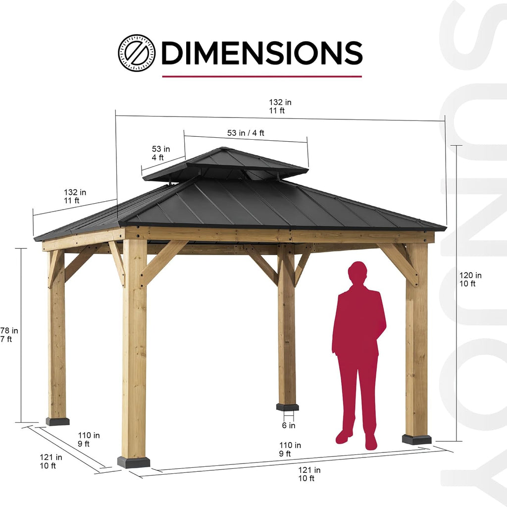 Sunjoy 11 x 11 ft. Wood Gazebo Upgrade Cedar Framed Gazebos with Black Double Steel Hardtop Roof for Garden, Backyard Shade, Matte Black Roof + Natural Wood Frame
