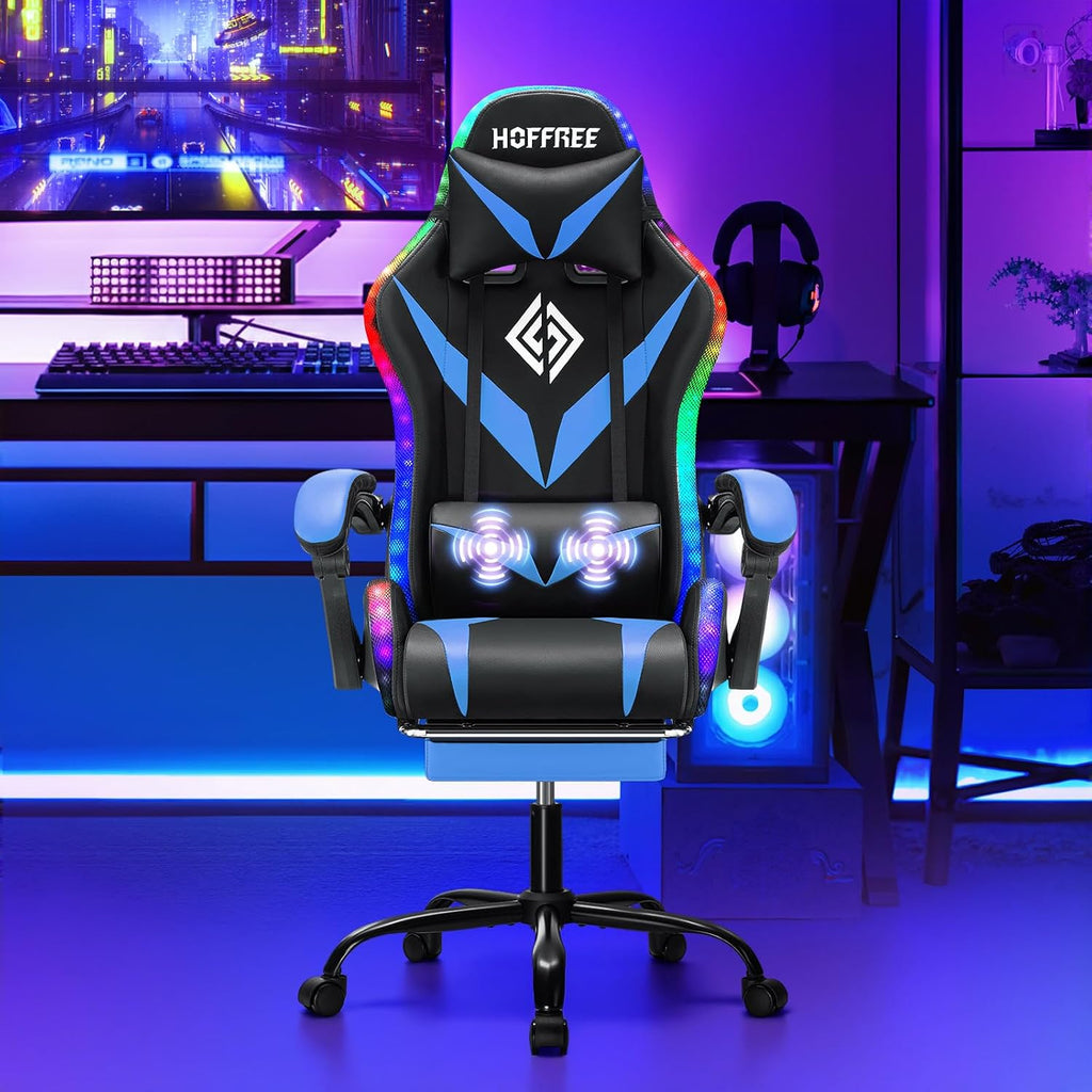 HOFFREE Gaming Chair with LED RGB Lights Massage Video Gamer Chairs with Footrest Ergonomic High Back Reclining Computer Chair with Adjustable Lumbar Support Blue and Black