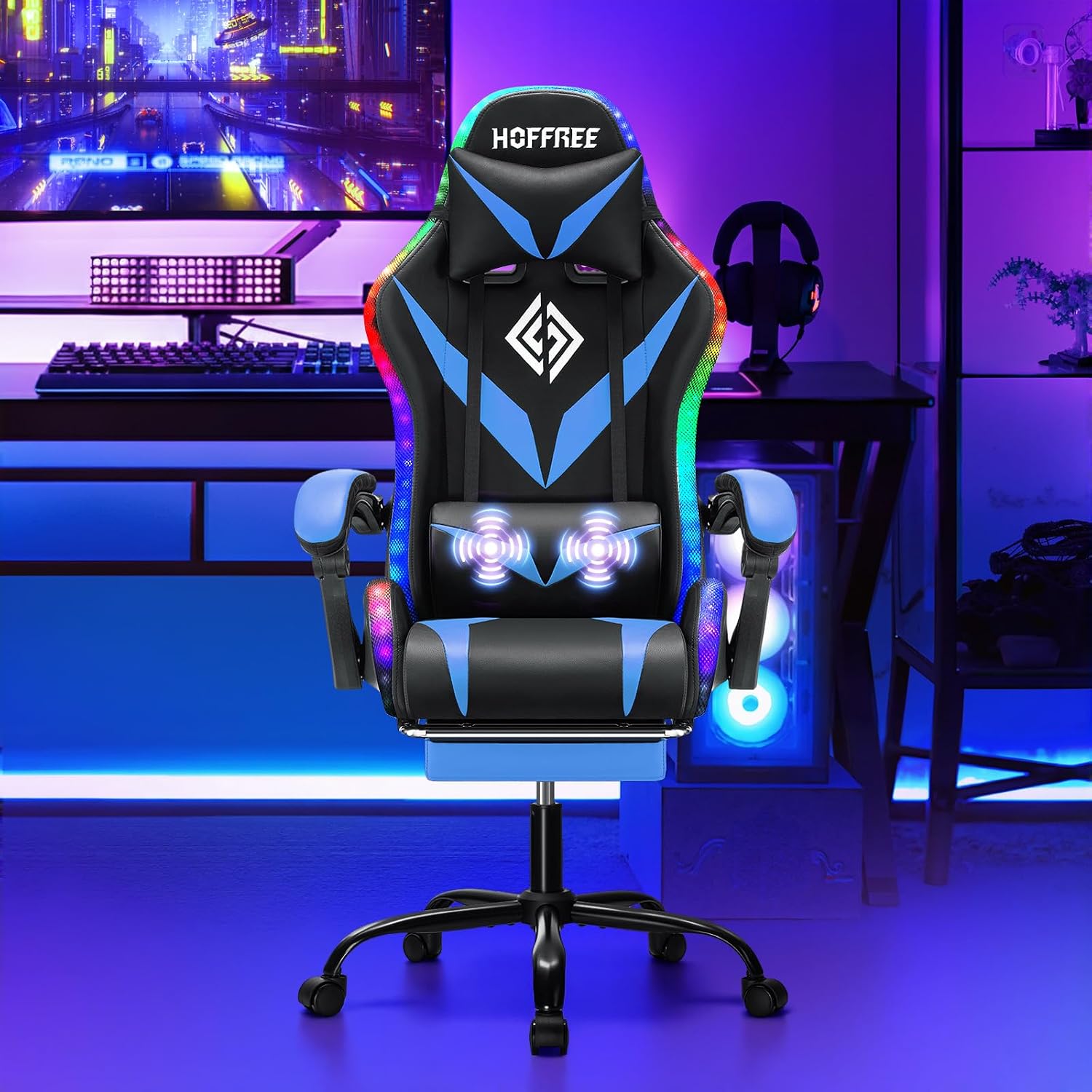 HOFFREE Gaming Chair with LED RGB Lights Massage Video Gamer Chairs with Footrest Ergonomic High Back Reclining Computer Chair with Adjustable Lumbar Support Blue and Black
