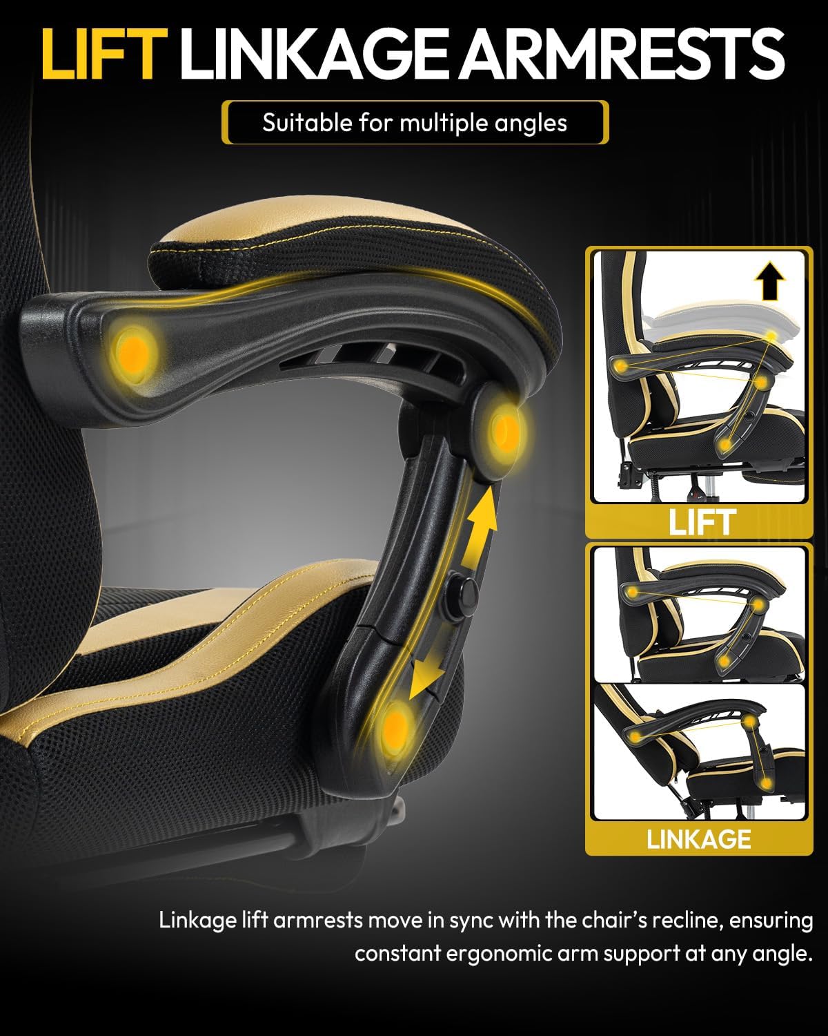 Gaming Chair with Footrest, Ergonomic 330lbs Leather Mesh Chair, Massage Lumbar Support,Adjustable Height & Headrest,Breathable Seat for Office, Home, Streaming, Long Gaming Sessions, Black and Golden