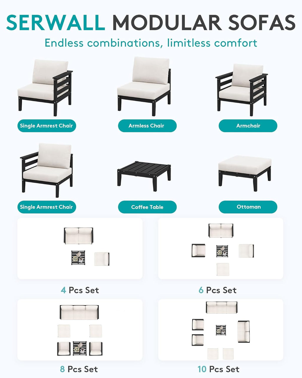 SERWALL HDPE Patio Furniture Set, 2 Pieces Outdoor Sectional Sofa Set, All-Weather Wood-Like Outdoor Loveseat for Deck, Lawn, Black Frame with Khaki Cushion