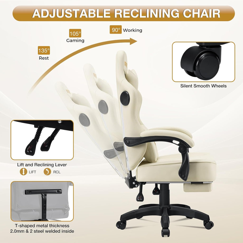 HOFFREE Gaming Chair Computer Chair with Speakers Massage Game Chairs with Footrest Bluetooth High Back Ergonomic Computer Gaming Chairs for Adults Reclining Video Gamer Chair Ivory