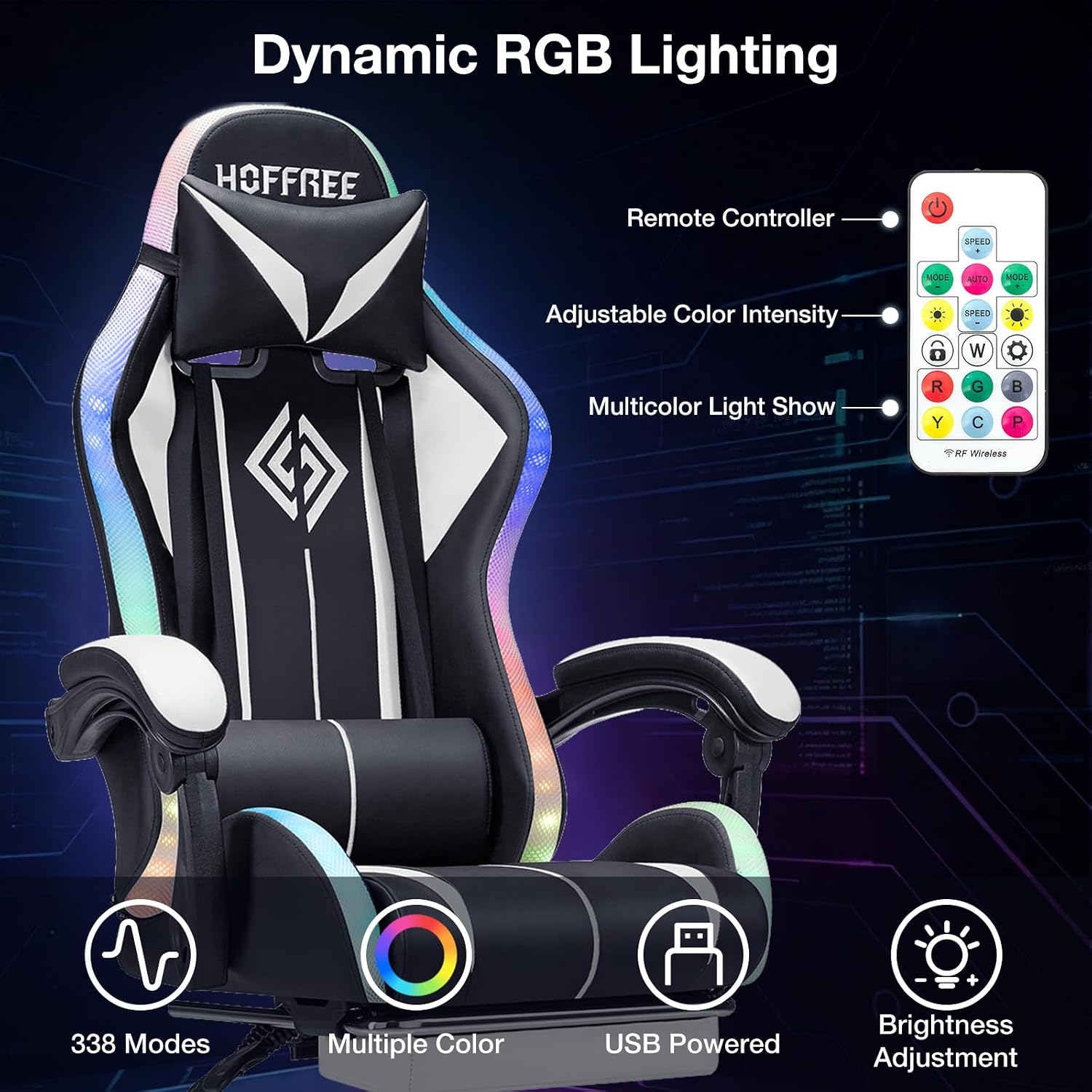 HOFFREE RGB Gaming Chair with Speakers Massage Computer Gaming Chair with LED Lights and Footrest High Back Video Game Chair for Adults White and Black