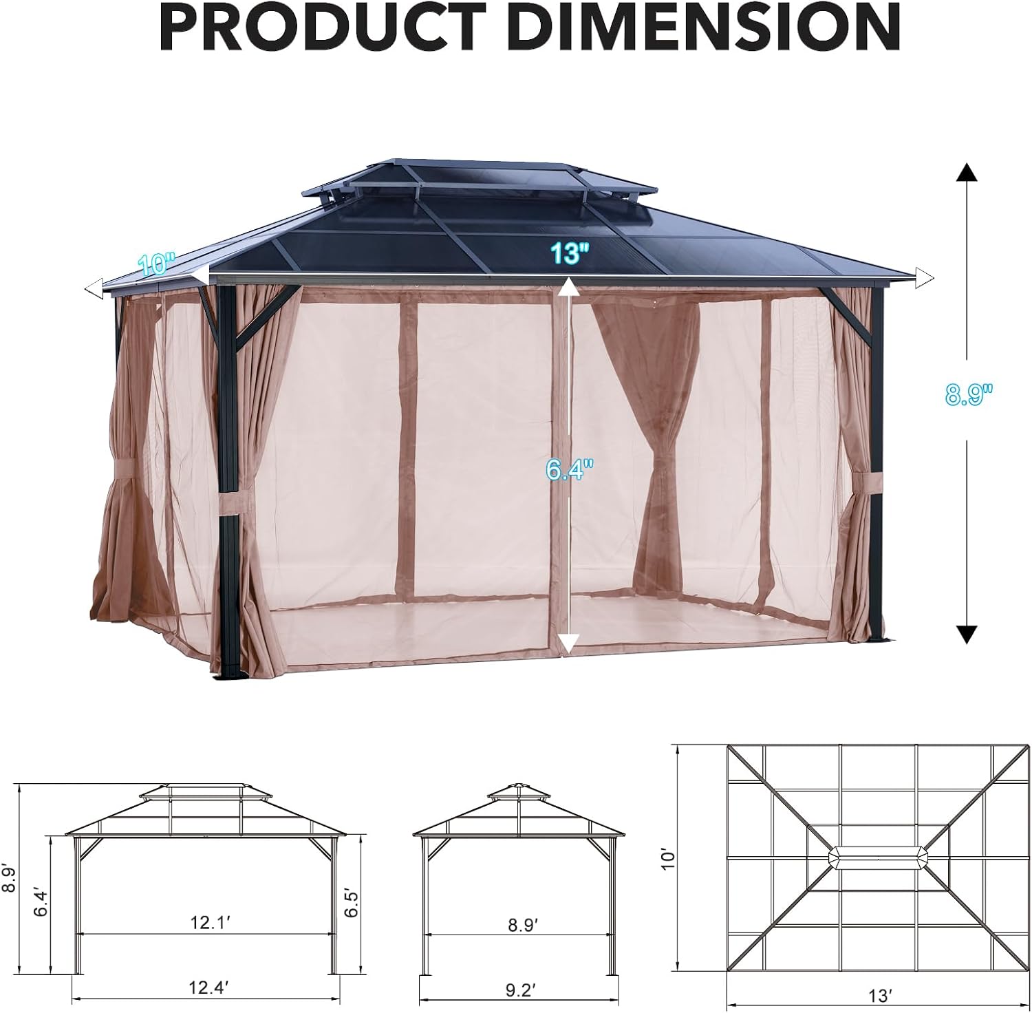 LeDoasis 10' X 13' Permanent Hardtop Gazebo, Outdoor Polycarbonate Double Roof Canopy with Breathable Netting & Privacy Curtain for Patio Backyard Garden Lawn Party