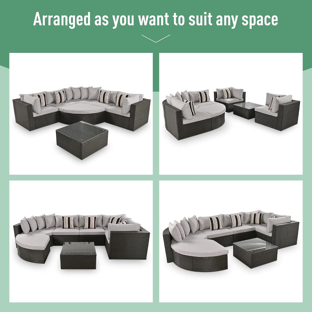 Merax 7-Piece Outdoor Wicker Sectional Sofa Set,Modular Rattan Conversation Set with Gray Cushions,Striped Green Pillows & Tempered Glass Coffee Table for Patio,Garden,Deck,Brown