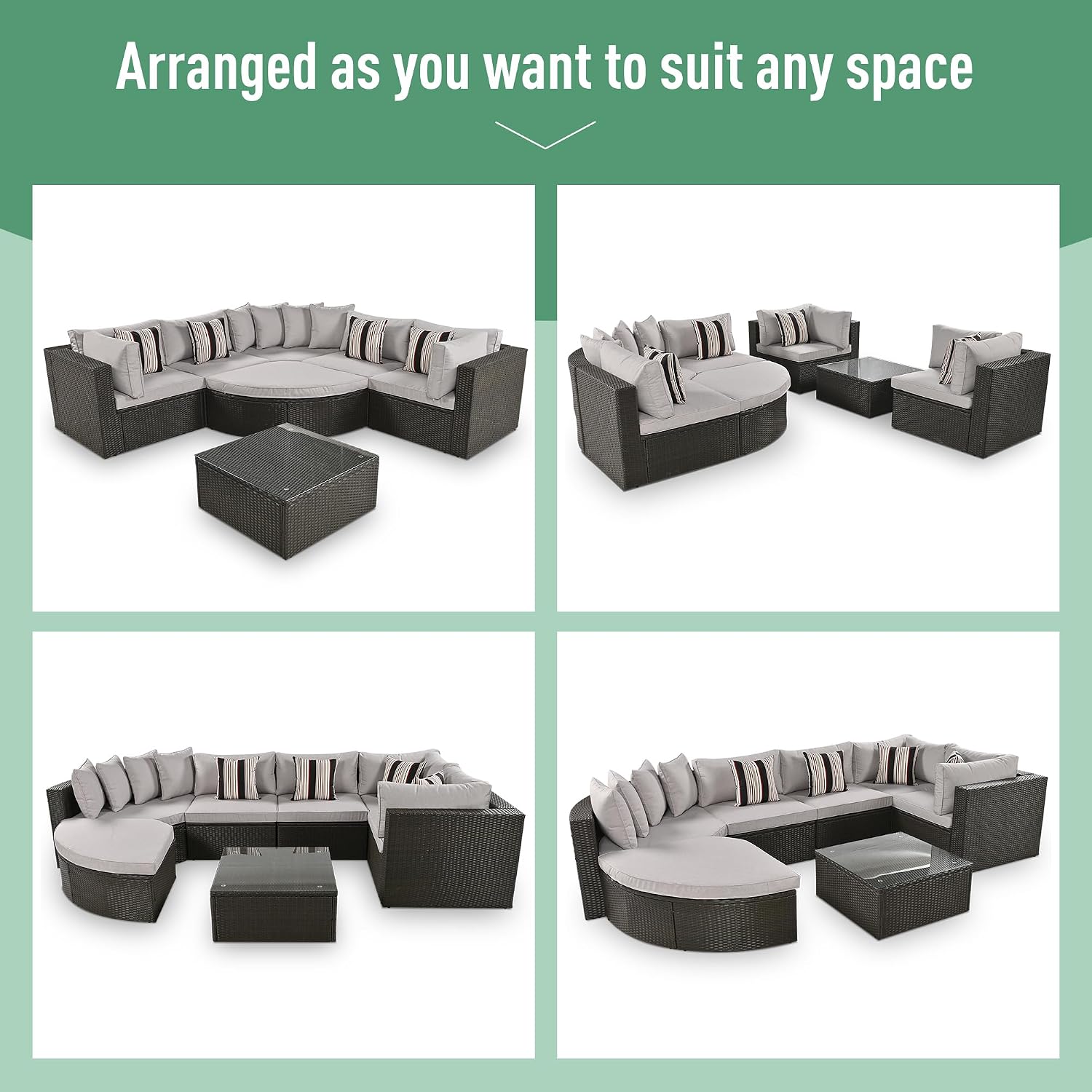 Merax 7-Piece Outdoor Wicker Sectional Sofa Set,Modular Rattan Conversation Set with Gray Cushions,Striped Green Pillows & Tempered Glass Coffee Table for Patio,Garden,Deck,Brown