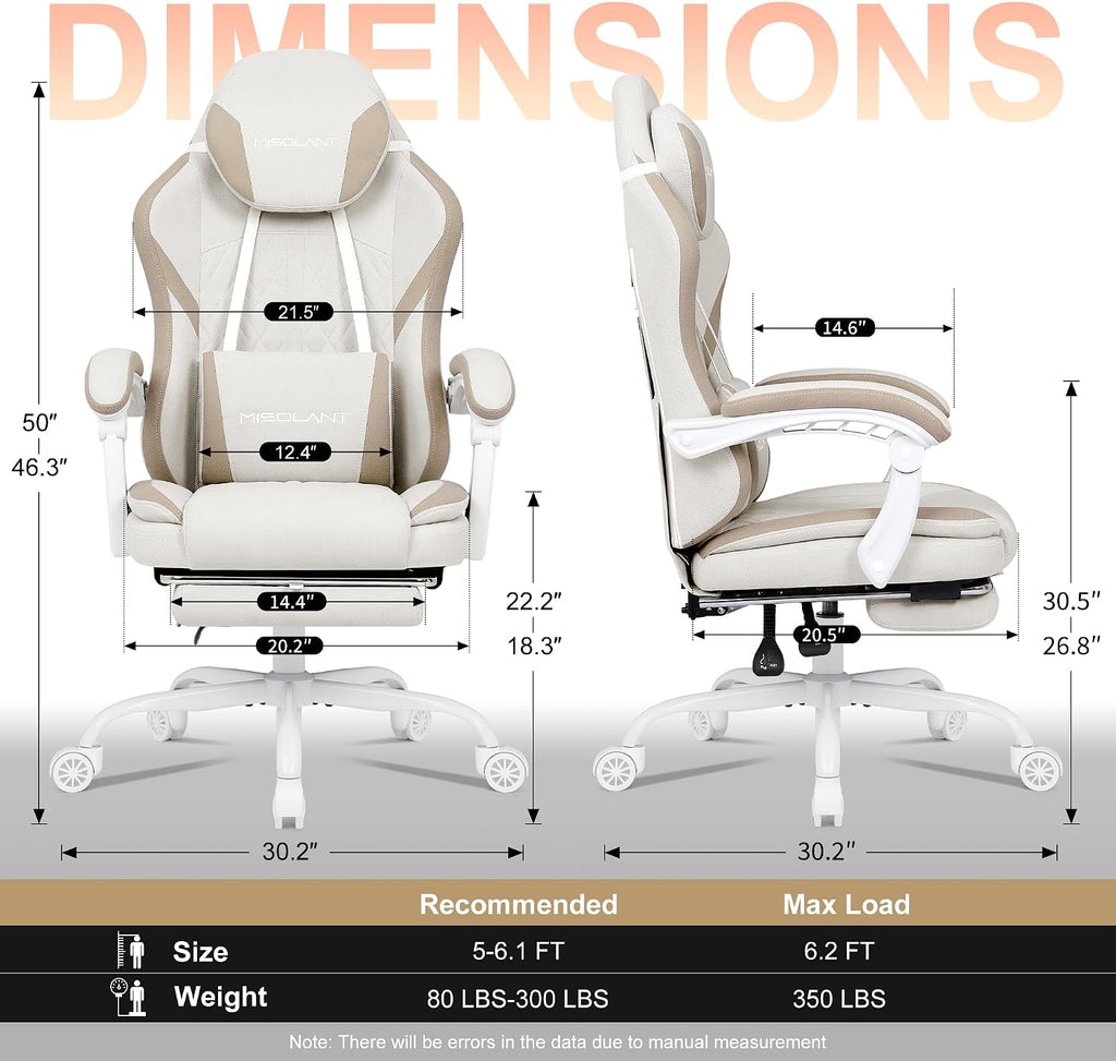 Misolant Gaming Chair, Fabric Gamer Chair with footrest for Adults, High Back Ergonomic Computer Game Chair with Adjustable Headrest and Massage Lumbar Support, 90-155° Recline Free, Beige