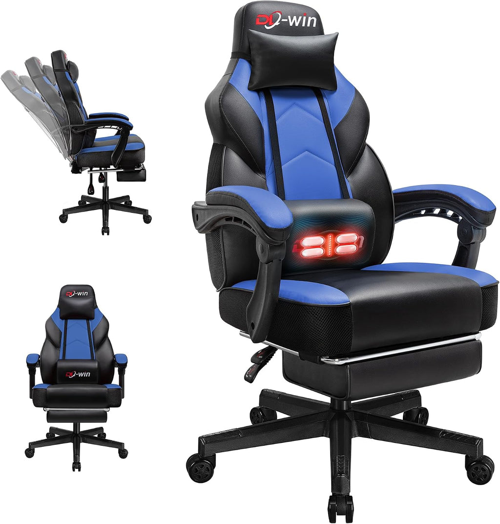 Gaming Chair with Footrest & Lumbar Support, Ergonomic Racing Style Computer Chair, 360° Swivel Height Adjustable Video Game Chair, Massage Office Chair Gaming Equipment, Blue