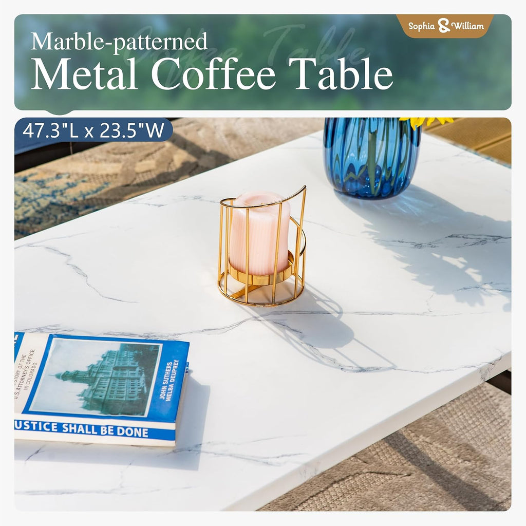 Sophia & William Patio Furniture Sets 5 Seats Outdoor Metal Conversation Sets with 2 x Cushioned Swivel Sofa Chairs,1 x 3-Seat Sofa, 1x Marbling Metal Coffee Table Lawn Backyard Poolside Peacock Blue