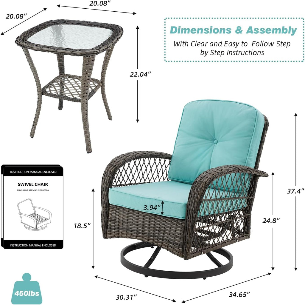 EROMMY 3 Pieces Outdoor Swivel Rocker Patio Chairs, 360 Degree Rocking Patio Conversation Set with Thickened Cushions and Glass Coffee Table for Backyard, Blue