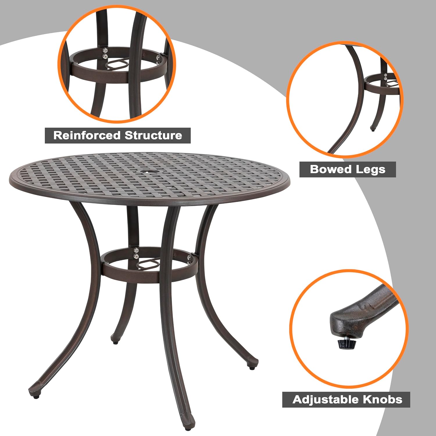 NUU GARDEN 5 Piece Patio Dining Set, 33' Round Cast Aluminum Dining Table with 1.97' Umbrella Hole and 4 Patio Dining Chairs for Backyard, Patio, Garden, Balcony, Brown with Gold Point