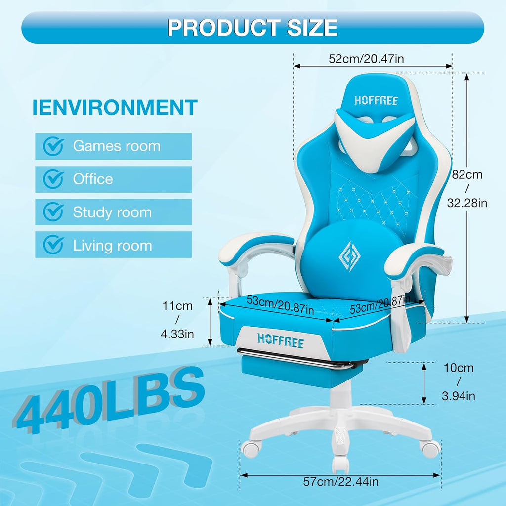 HOFFREE Gaming Chair Computer Chair with Speakers Massage Game Chairs with Footrest Bluetooth High Back Ergonomic Computer Gaming Chairs for Adults Reclining Video Gamer Chair Sky Blue and White