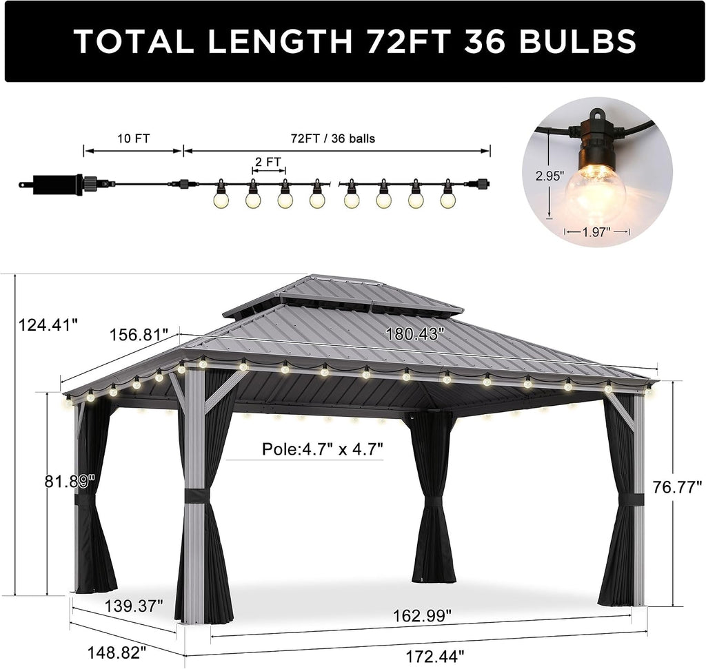 PURPLE LEAF 13' X 15' Hardtop Aluminum Gazebo with Netting and Curtains Heavy Duty Permanent Gazebo with Double Metal Roof for Patio Deck Lawn Garden All Weather Outdoor Pavilion Gazebos, Light Grey