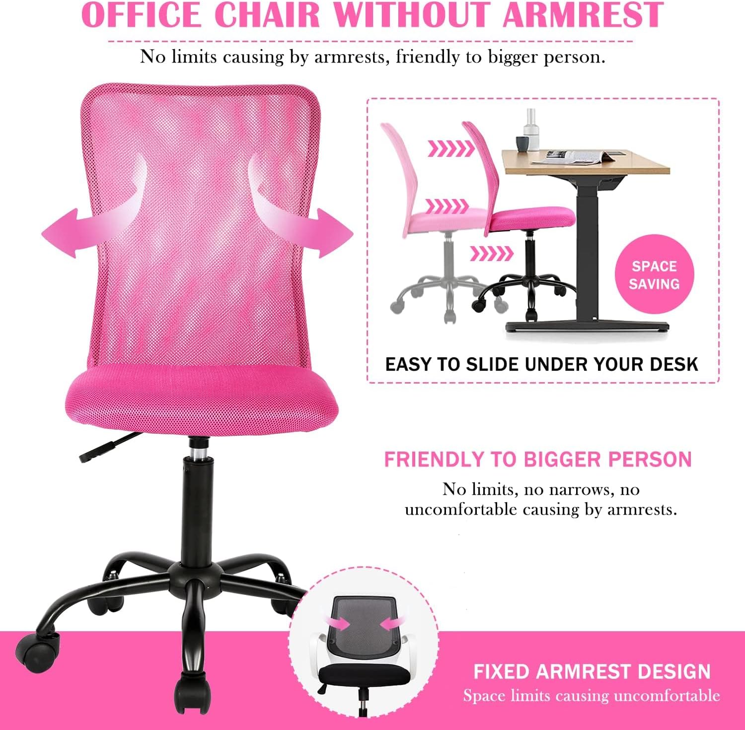 Ergonomic Chairs Set of 4, Cute Adjustable Armless Office Desk Chair w/Mesh Back & Soft Thick Seat, Comfy Swivel Rolling Executive Small Computer Task Chair Sillas para Escritorio for Adult Women