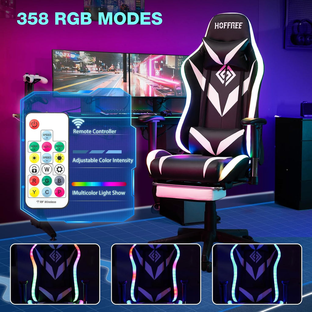 HOFFREE Gaming Chair with Bluetooth Speakers and Led Lights Massage Video Game Chair with Footrest Reclining High Back Computer Gamer Chair White and Black