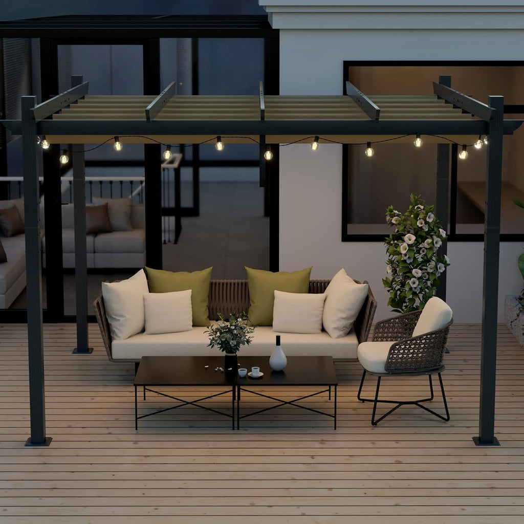 Tangkula 10x12 Ft Heavy-Duty Aluminum Pergola With Retractable Sun Shade Canopy, Extra Large Patio Shelter Pavilion, Metal Structure for Deck, Porch, Garden, Yard - Beige