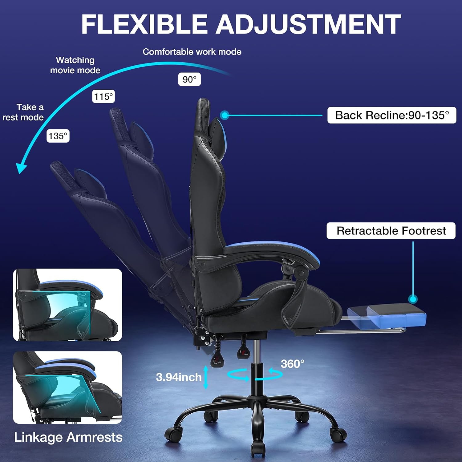 RGB Gaming Chair Massage with LED Lights and Ergonomic Computer Gaming Chair with Footrest High Back Video Game Chairs with Adjustable Lumbar Support Blue and Black