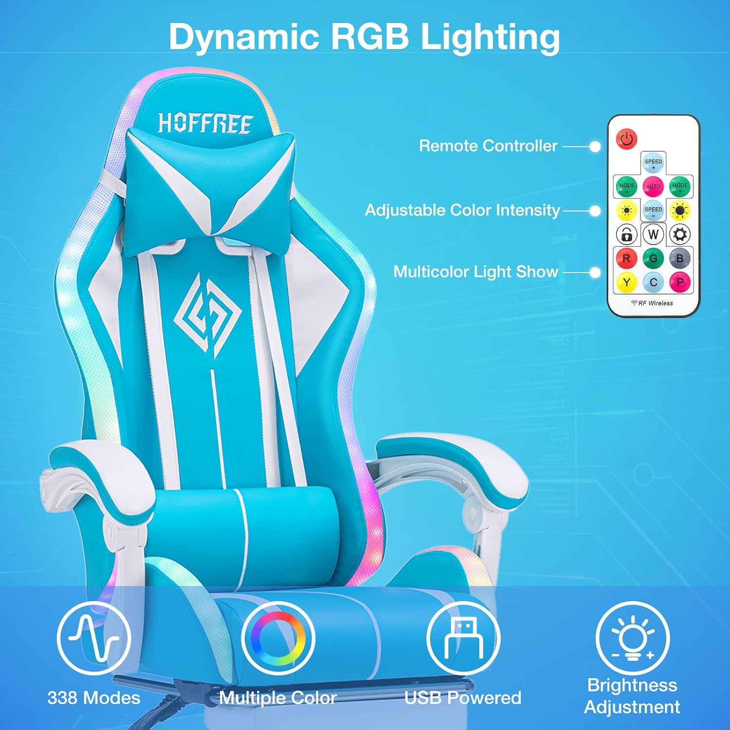 HOFFREE RGB Gaming Chair with Speakers Massage Computer Gaming Chair with LED Lights and Footrest High Back Video Game Chair for Adults Light Blue and White
