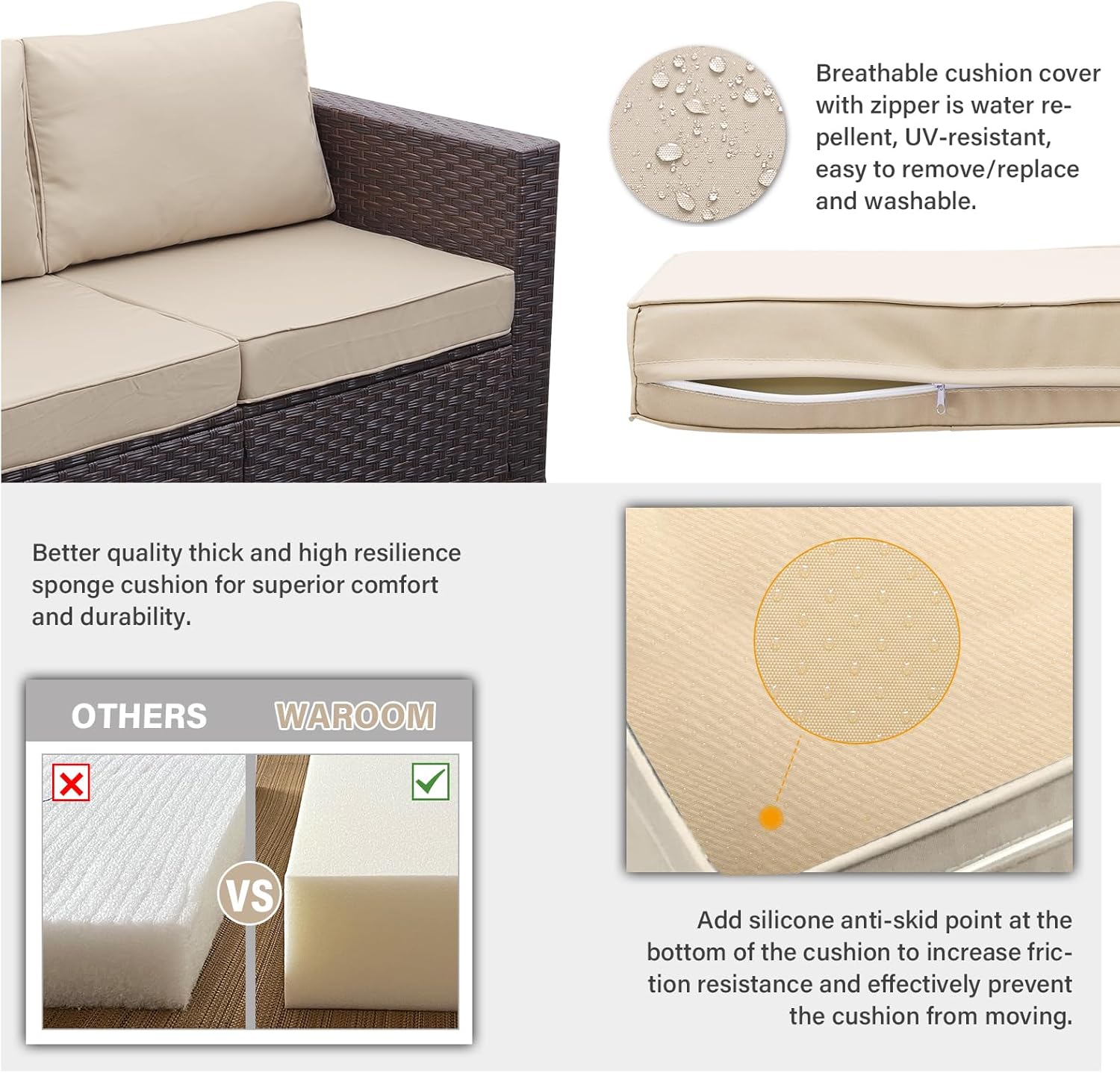 WAROOM Patio Furniture Set 4 Piece Conversation Sets Brown Rattan Outdoor Couch Loveseat Wicker Sectional Sofa with Storage Box Glass Top Table, Khaki Cushion