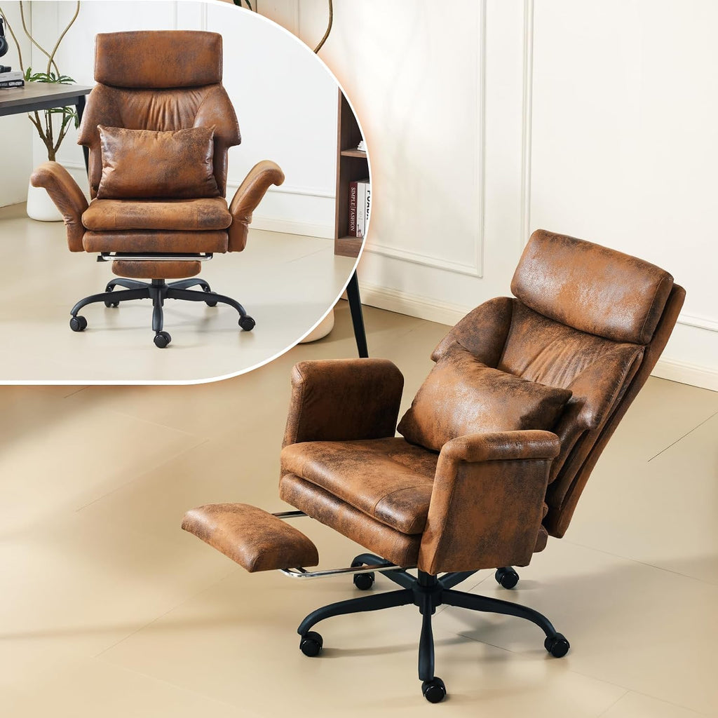 VINGLI 100-130° Reclining Tall Office Chair with Foot Rest & Adjustable Armrests, Ergonomic Criss Cross Chair with Wheels & Headrest, Comfy Wide-Seat Gamer Chair for the Heavy, Microfiber, Vintage