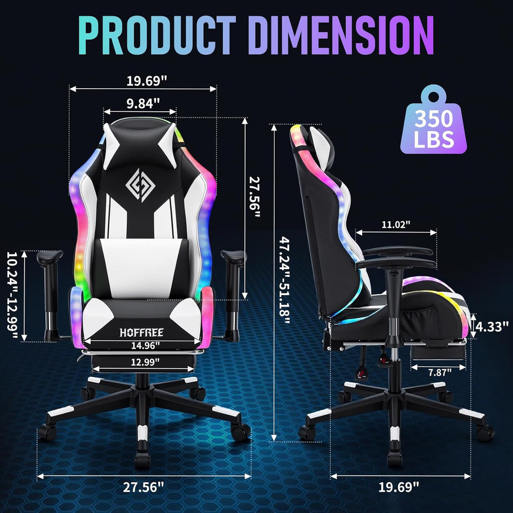 HOFFREE RGB LED Gaming Chair for Kids Reclining Gaming Chairs for Teens 8-15 Computer Chair with RGB Lights Kids PC Game Chair with Footrest and Lumbar Support Video Game Chairs White and Black