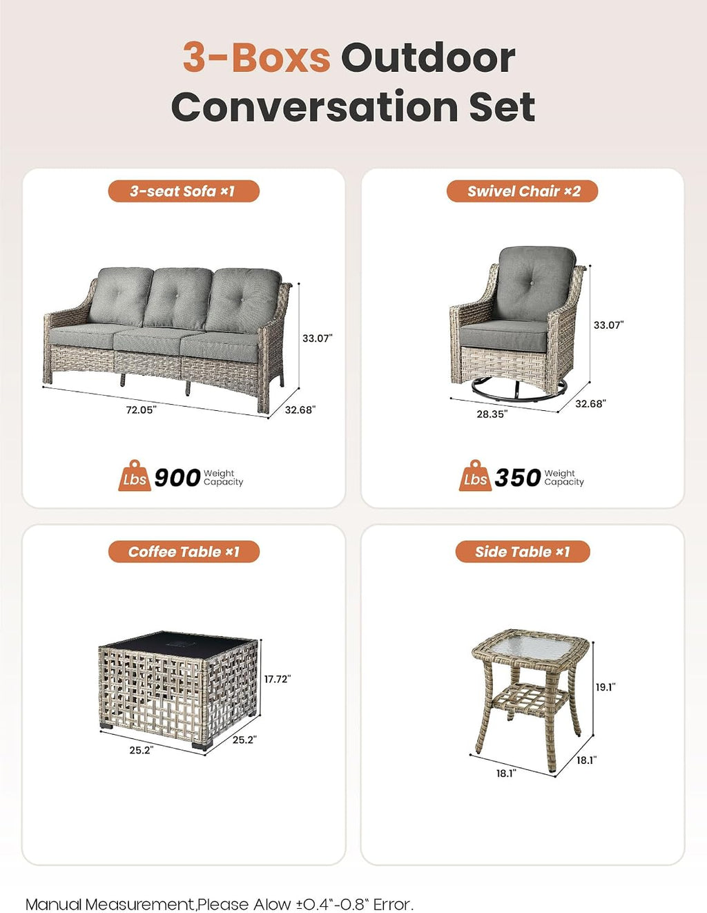 ovios 5 Piece Outdoor Patio Furniture with 3 Seat Sofa,Rattan Wicker Coversation Set with Swivel Rocking Chair,Balcony Sofa Set with Shiny Table for Outside Porch Backyard Pool, Dark Grey