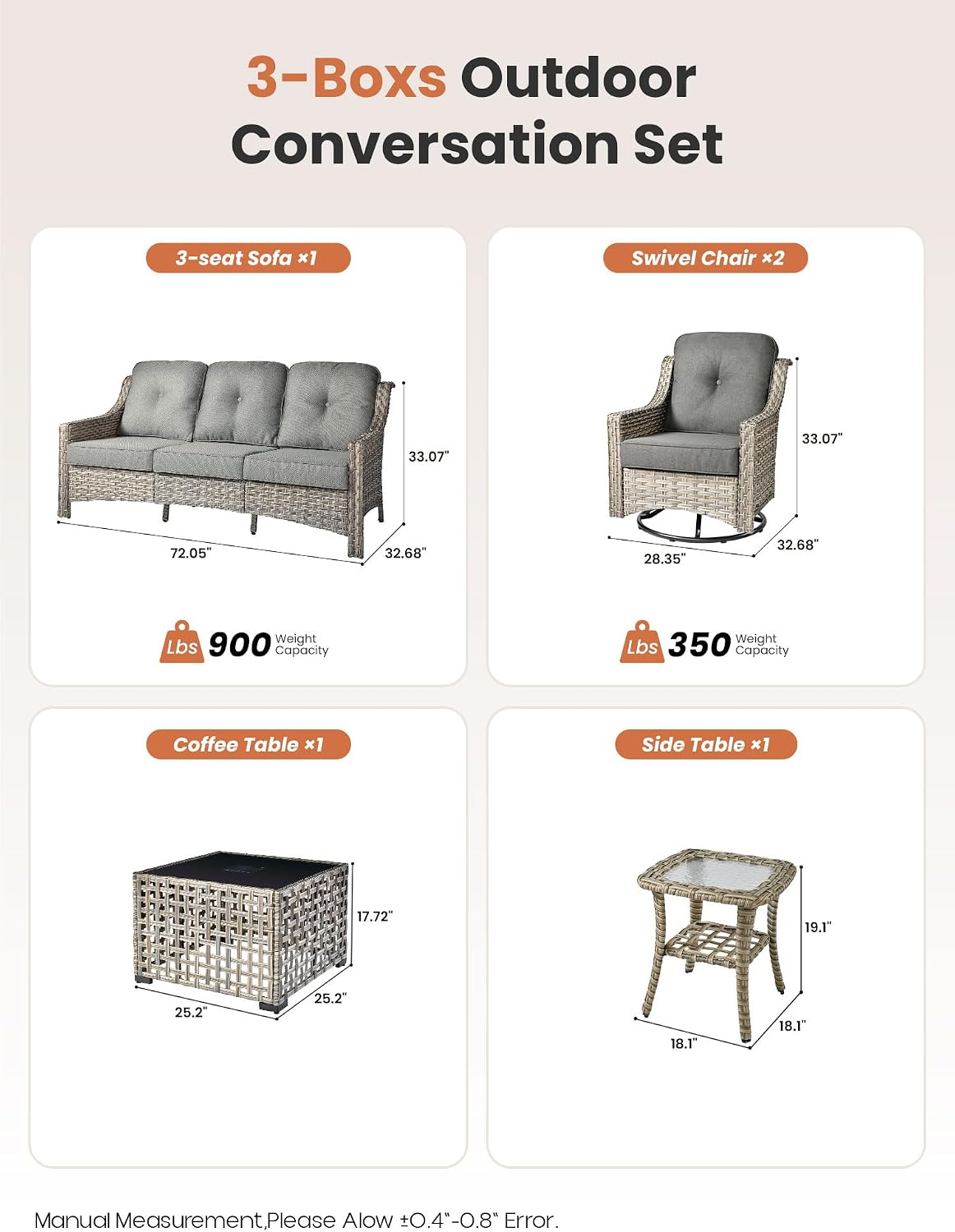 ovios 5 Piece Outdoor Patio Furniture with 3 Seat Sofa,Rattan Wicker Coversation Set with Swivel Rocking Chair,Balcony Sofa Set with Shiny Table for Outside Porch Backyard Pool, Dark Grey