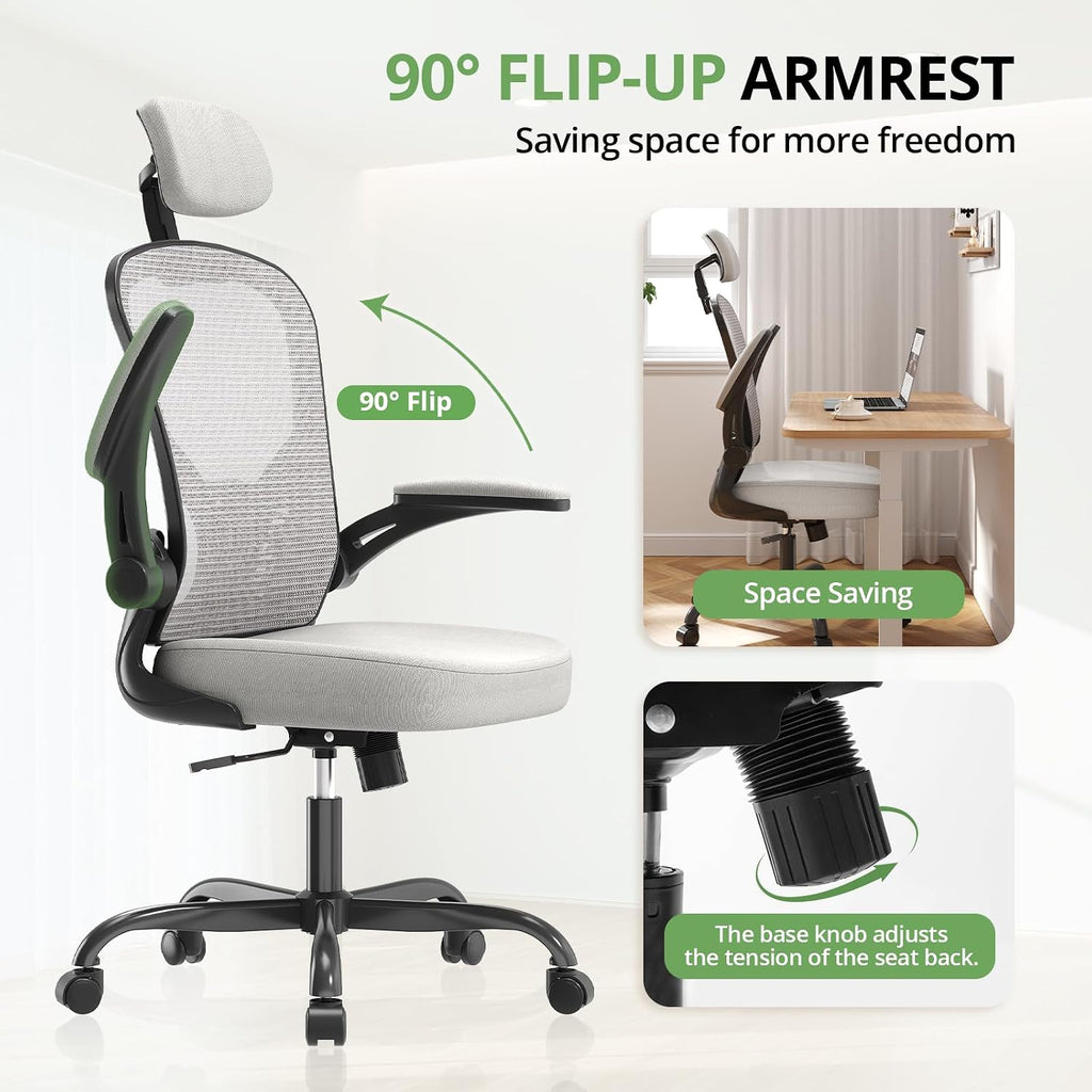 Synorla Office Chair Ergonomic Desk Chair, 330LBS Capacity, High Back Computer Design for Long Hours Comfort, Rolling Swivel Executive Task for Home Office with Flip-up Armrests, Black Grey