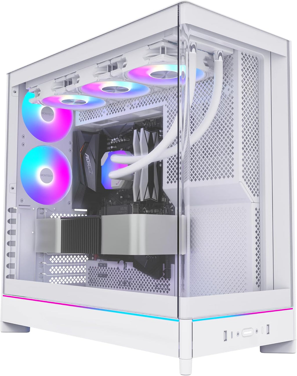 MONTECH HS02, ATX Mid-Tower PC Case, Gaming PC, High-Airflow, Reversible Layout, Sturdy Curved Tempered Glass Front Panel, Sink-in Design, Toolless Panels, White, US